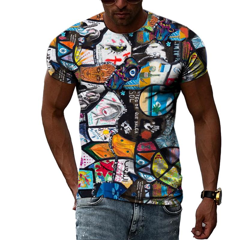 Летняя повседневная мужская футболка с креативным граффити и 3D-печатью, индивидуальный молодежный модный тренд, топ с короткими рукавами и круглым вырезом