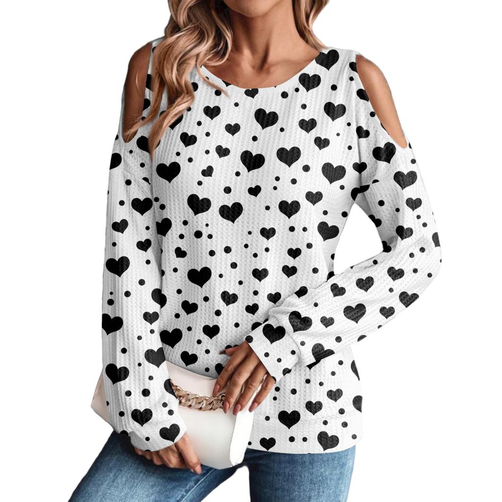 Women's Winter Oversized T-Shirt Fashionable Off-the-Shoulder Round Neck Vintage Floral Print Pullover Long-Sleeved Top