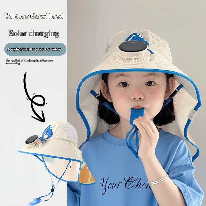 Kids Wide Brim Sun Hat Solar Rechargeable Fan Neck Flap Uv Protection For Summer Beach Activities