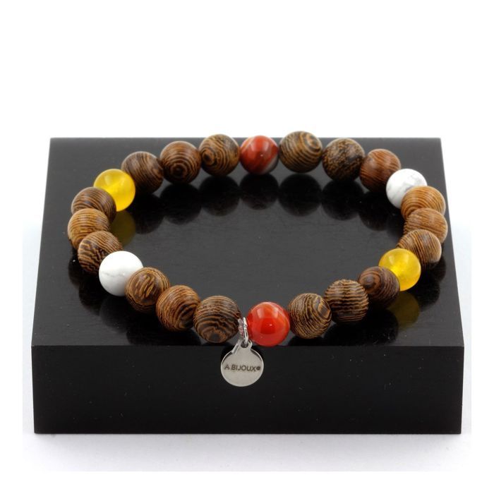 Stones and Minerals. Bracelet Beads Banded Agate + Yellow Agate + Howlite + Wood 8 Mm. Made In France.