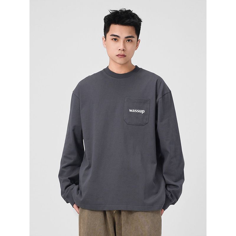 Wassup American Retro Letter Cotton Long-Sleeve T-Shirt for Men and Women, Simple and Versatile Solid Color Couple's Base Shirt Top