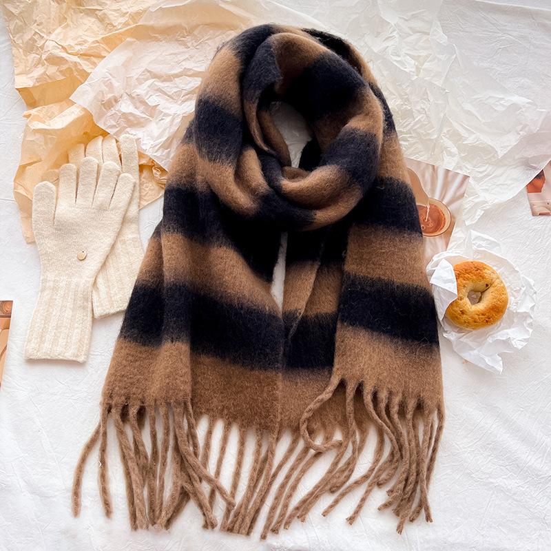 Retro Wool Scarf Women's Winter High-end Sense Versatile Striped Color Matching Warm Knitted Thickened Scarf
