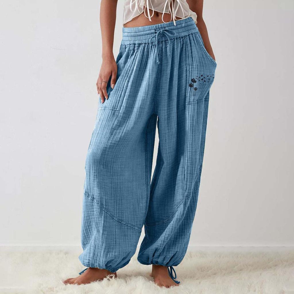 Женские модные свободные однотонные повседневные брюки с эластичной резинкой на талии и карманами