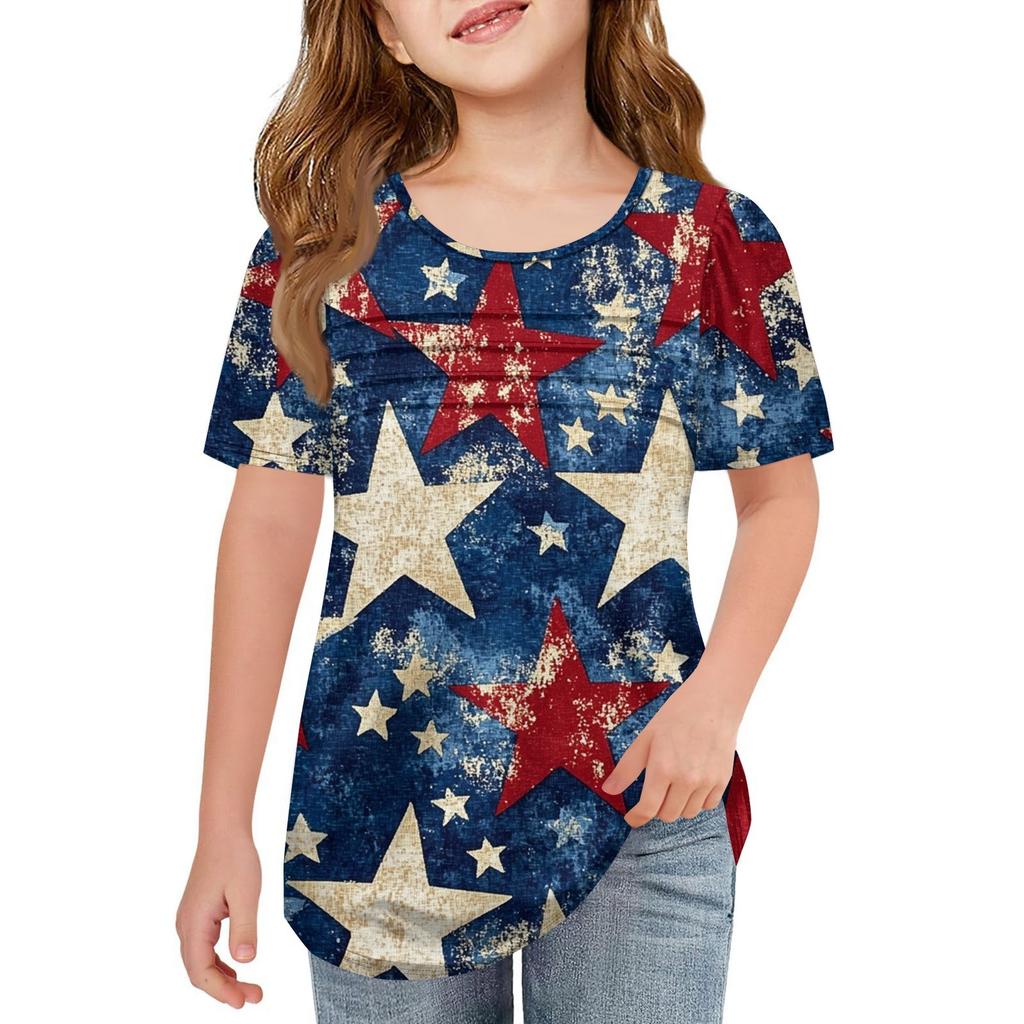 Детская плиссированная футболка с коротким рукавом, летняя футболка с круглым вырезом и принтом «День независимости»