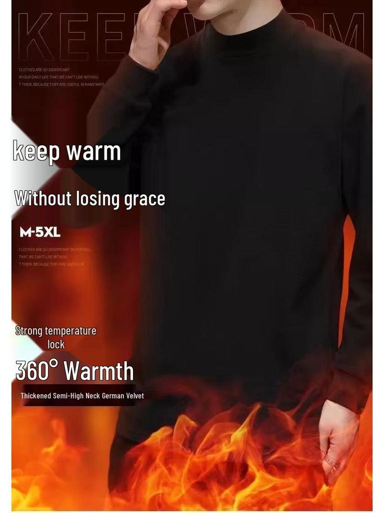 Men's Korean Fleece Set: Long Sleeve, Long Pants, High Neck, Double-Sided, Warm Base Layer for Autumn and Winter