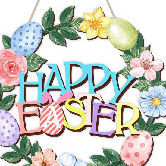 Yousheng Wooden Easter Door Wreath for Front Door Happy Easter Bunny Eggs Porch Sign for Spring Window Wall Hanging Decor