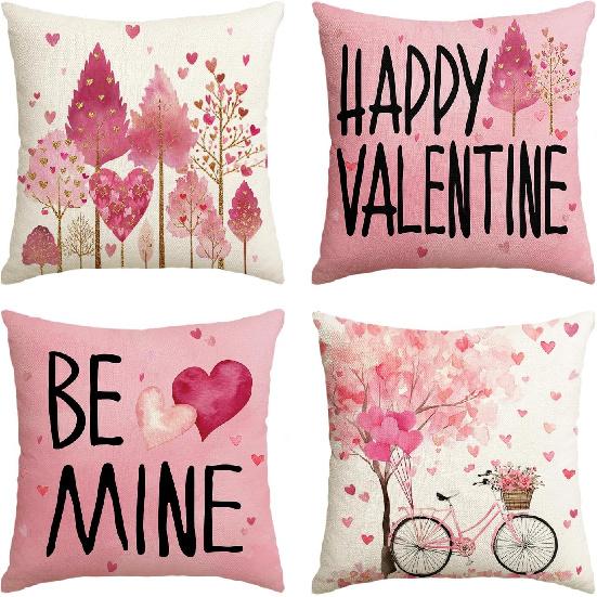 AVOIN colorlife Happy Valentine's Day Pink Heart Trees Throw Pillow Covers, 18 x 18 Inch Be Mine Bicycle Balloon Anniversary Wedding Cushion Case