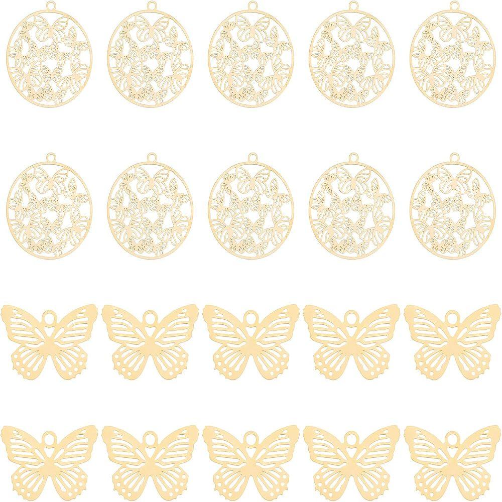 40Pcs 2 Styles 201 Stainless Steel Filigree Pendants Etched Metal Embellishments Butterfly Real 18K Gold Plated 22.5x20.5x0.4mm Hole: 1.5mm