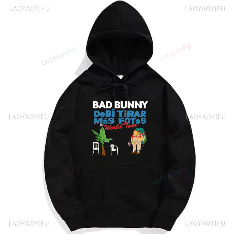 Bad Bunny Деби Тирар Мас Фотос Толстовка с графикой лягушки Модная хип-хоп худи Женская Мужская Черная Пуэрто-Рико Со спущенным плечом Пуловер