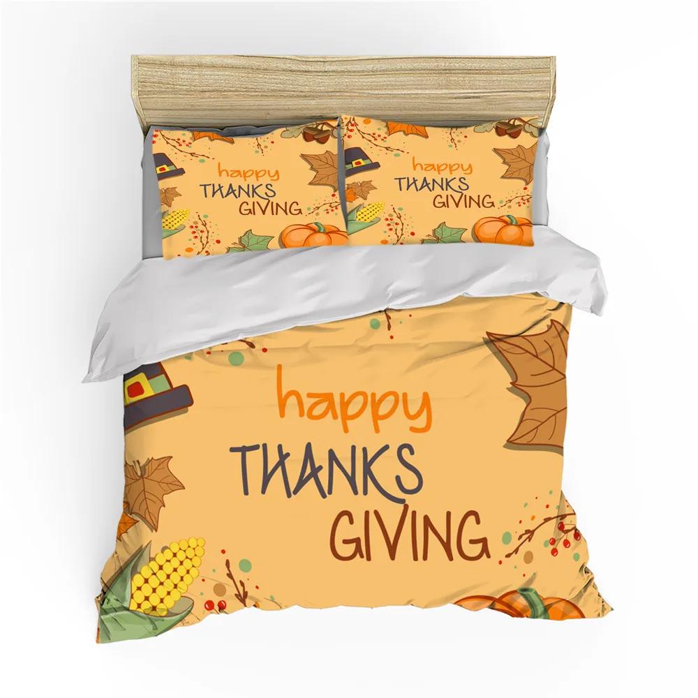 Autumn Thanksgiving Day Duvet Cover King Queen Cartoon Orange Pumpkin Turkey Bedding Set Maple Leaves Soft Polyester Quilt Cover