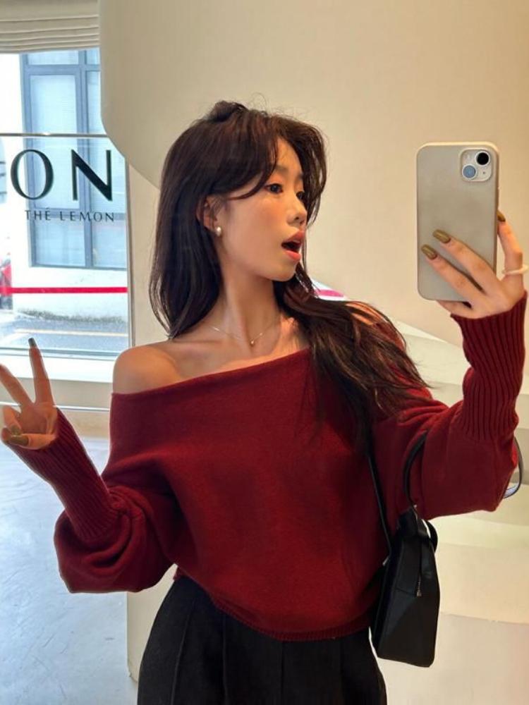 Женский сексуальный мягкий восковой свитер с открытыми плечами, осенний корейский модный новый однотонный повседневный пуловер серо-черного цвета, одежда