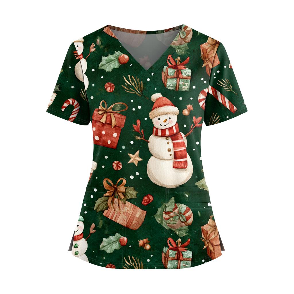 Women's Christmas Print V-Neck Double Pocket Short Sleeves Hem Slit Uniform And Caregiver Top
