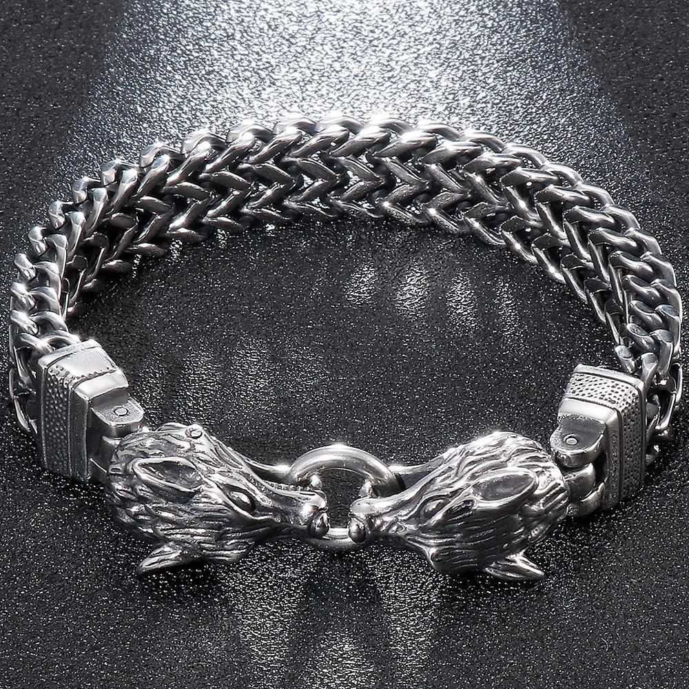 Мужской браслет с двойной волчьей головой, мужской винтажный, ширина 12 мм, нержавеющая сталь 316l, панк-цепь, готическая бижутерия с животными, аксессуар для мужчин