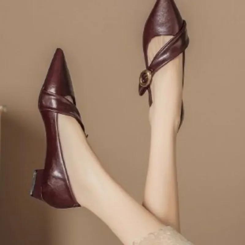 Острый носок женские массивные кожаные элегантные туфли на каблуке трендовая мода весна дизайнерские босоножки для вечеринок новинка Mujer Zapatos