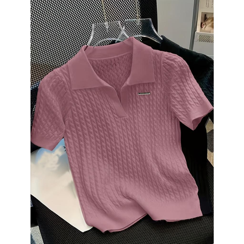 Temperament Lapel Ice Silk Knit Top Летняя свободная тонкая футболка с короткими рукавами