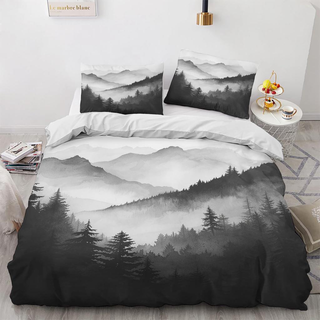 Постельное белье Smoky Mountain Сосновые деревья Лесной пододеяльник Летающая птица Горное покрывало Покрывало с изображением природного пейзажа
