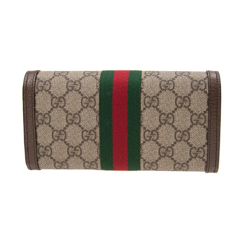 Gucci Ophidia Пресбиопия Логотип Полосатый Канвас с Паутиной Кожаный Кошелек Женский Светло-Коричневый