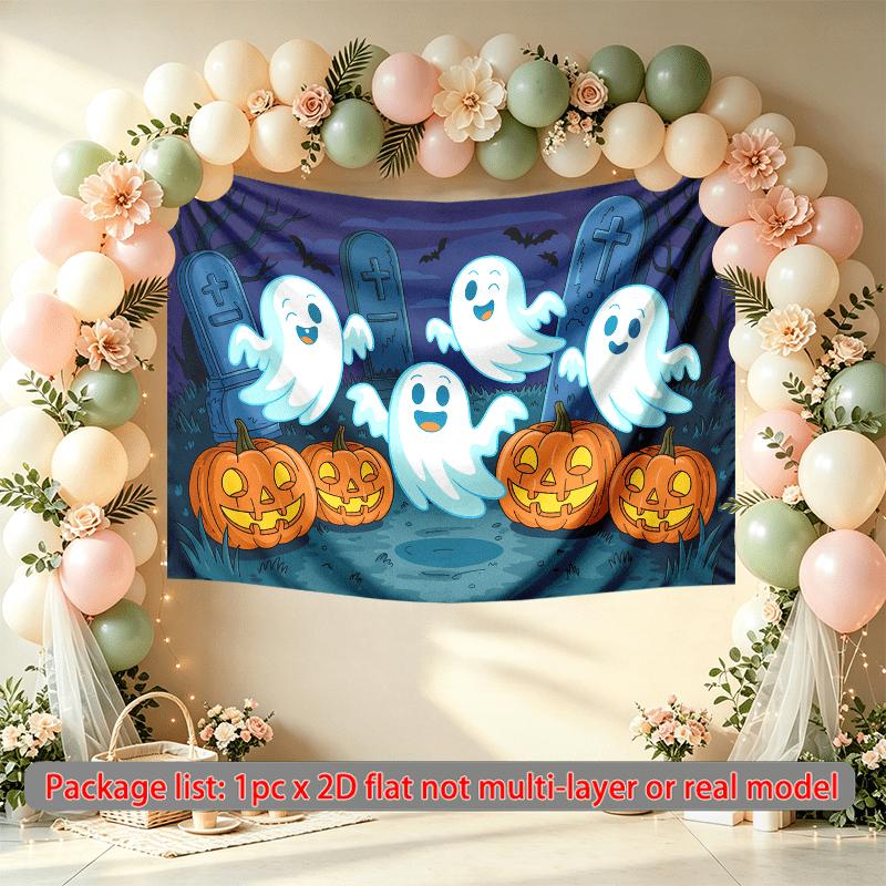 Polyester Home Pumpkins Ghosts Halloween Backdrop Banner, Multicolor Party Decor for Wall & Photo Booth