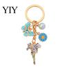 Strong Chain Keyring Keychain Pendant with Round Imitation Pearls, Flower Butterfly Enamel Charm Key Ring, Pastoral Style Layered Holder