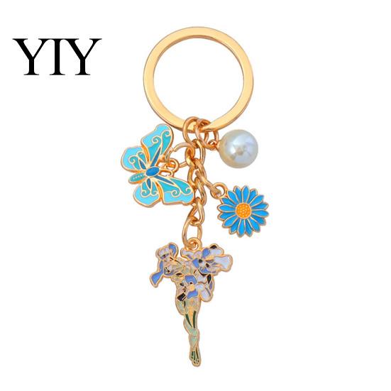 Strong Chain Keyring Keychain Pendant with Round Imitation Pearls, Flower Butterfly Enamel Charm Key Ring, Pastoral Style Layered Holder