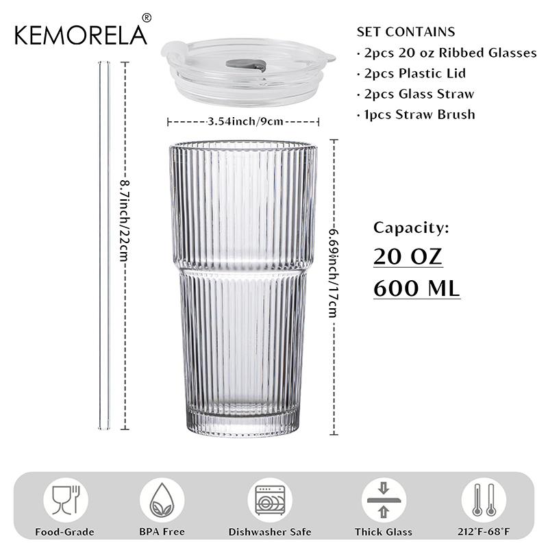 KEMORELA 20 oz Ribbed Glass Tumblers with Lids and Straws 2/4-Piece Glassware Set for Iced Coffee Smoothies Cocktails and Juices