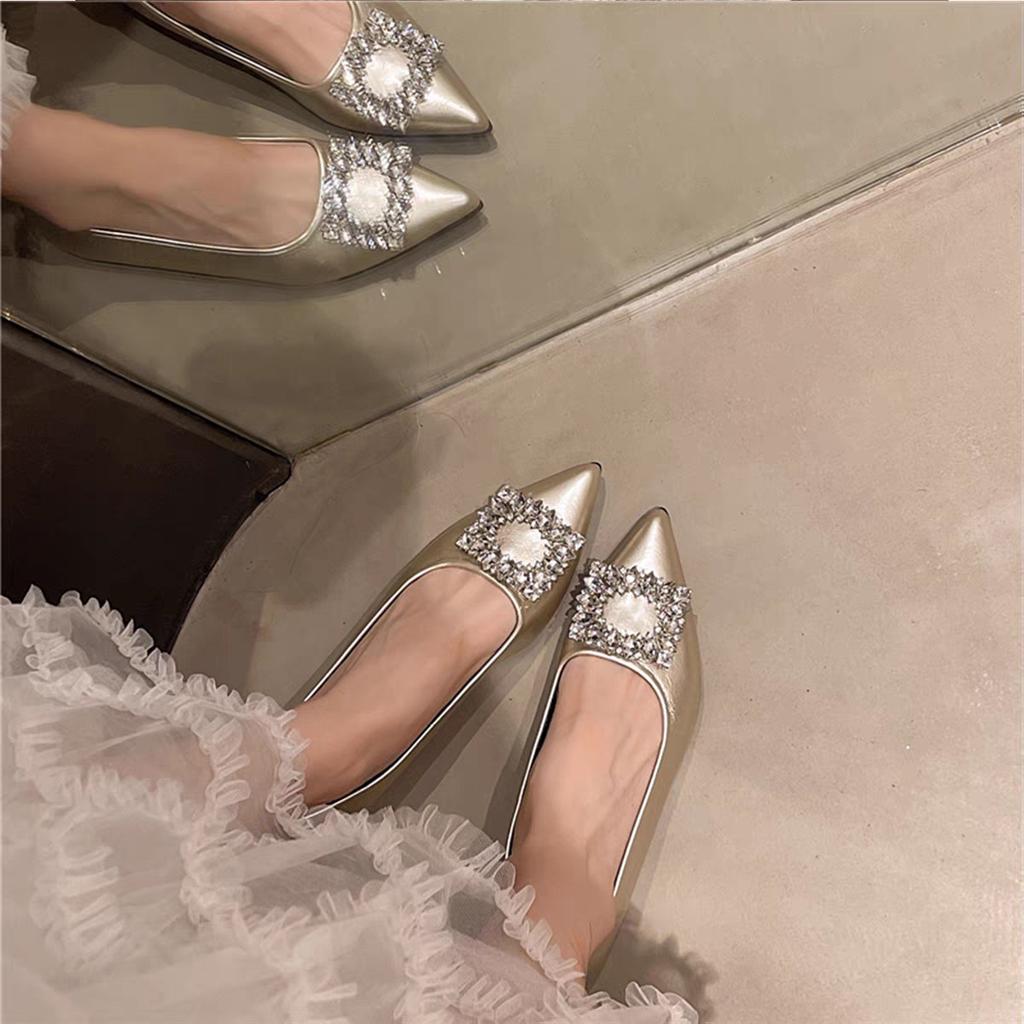 French Fairy Style with Skirt Versatile Shallow Mouth Single Shoes 2025 New Temperament Pointed Rhinestone Square Buckle Commuter Ladyshoes