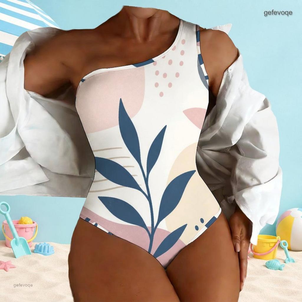 Women Plus Size Asymmetric One Shoulder One Piece Swimsuit Abstract Leaf Geometric Printed