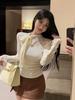 French Style Lace-Up Patchwork Long Sleeve Slim Fit Top