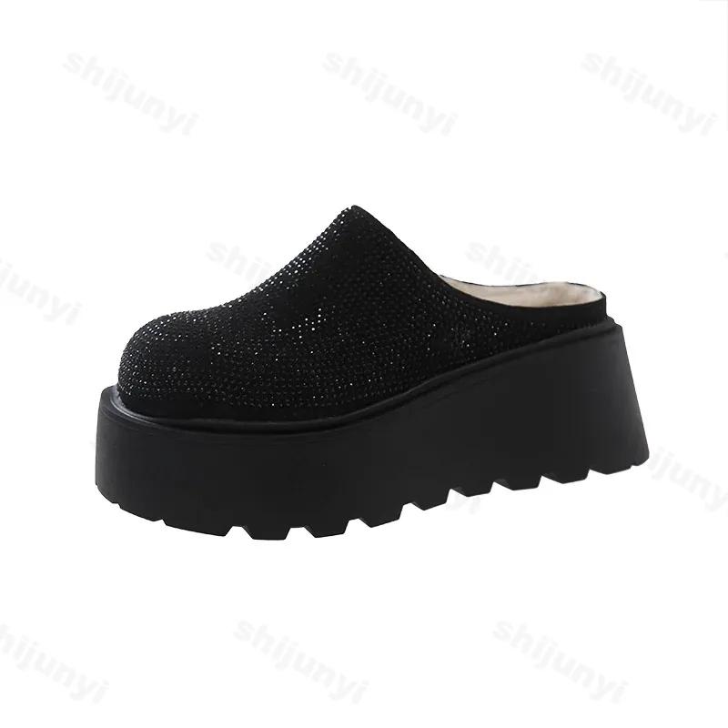 Модные дизайнерские блестящие женские теплые хлопковые мюли на толстом каблуке, новые модные туфли Baotou на платформе 2025 года, женские ленивые шлепанцы