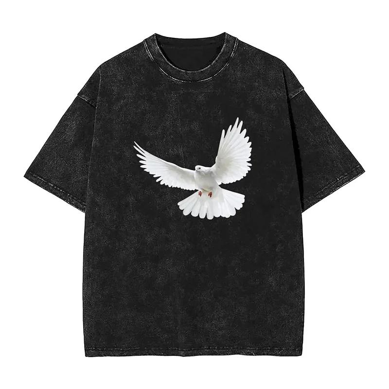 Белая Летящая Голубка Стиранная Футболка Унисекс K-Kanye W-West Уличная Одежда Повседневные Футболки Летние Дышащие Хиппи Футболки Оверсайз Топы