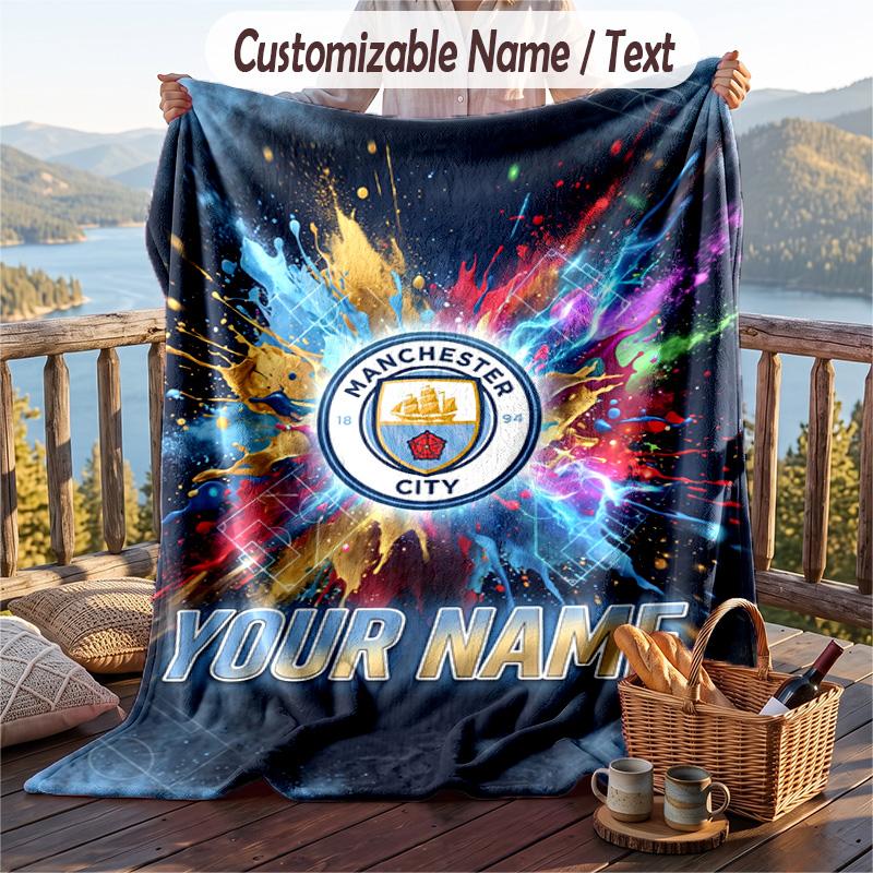 Flannel Blanket Manchester City Print Custom Name Text Soft Throw for Sofa Bed