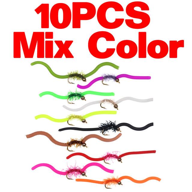 10PCS Mix Color #10 Brass Bead Head Sanjuan Worms Pink Olive Green with Flasher Body for Trout Fishing Squirmy Worms