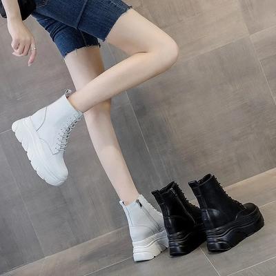 Женские белые ботильоны увеличивают рост, толстая подошва, зимняя уличная обувь для девочек, весна, осень, мотоциклетные ботильоны mujer