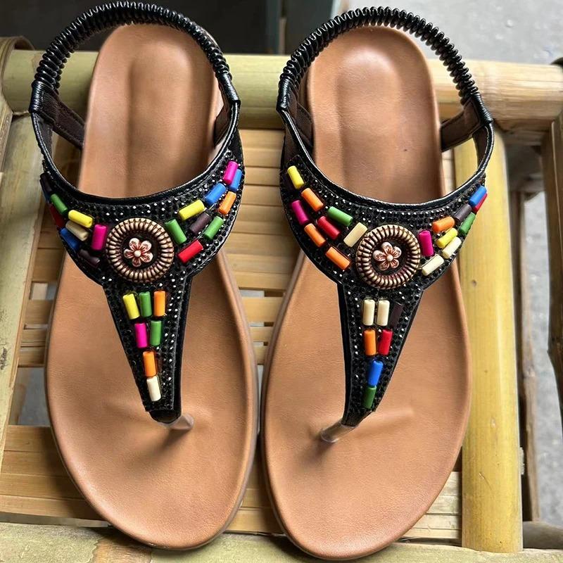 Модные роскошные женские босоножки в стиле бохо 2024 года, летние босоножки с застежкой-молнией, разноцветные, на плоской подошве, женские, блестящие, с кристаллами, нескользящие, римские туфли для женщин