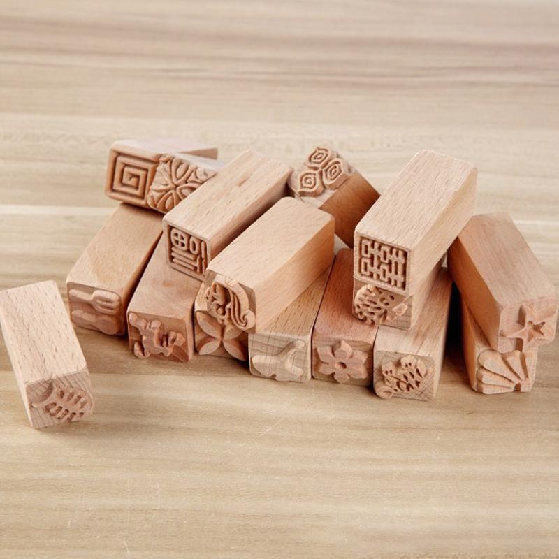 Деревянные штампы ручной резьбы Деревянная печать для печати DIY Глина Керамика Печатные блоки Инструмент для глины Рыбья кость / Белка / Цветок / Олень