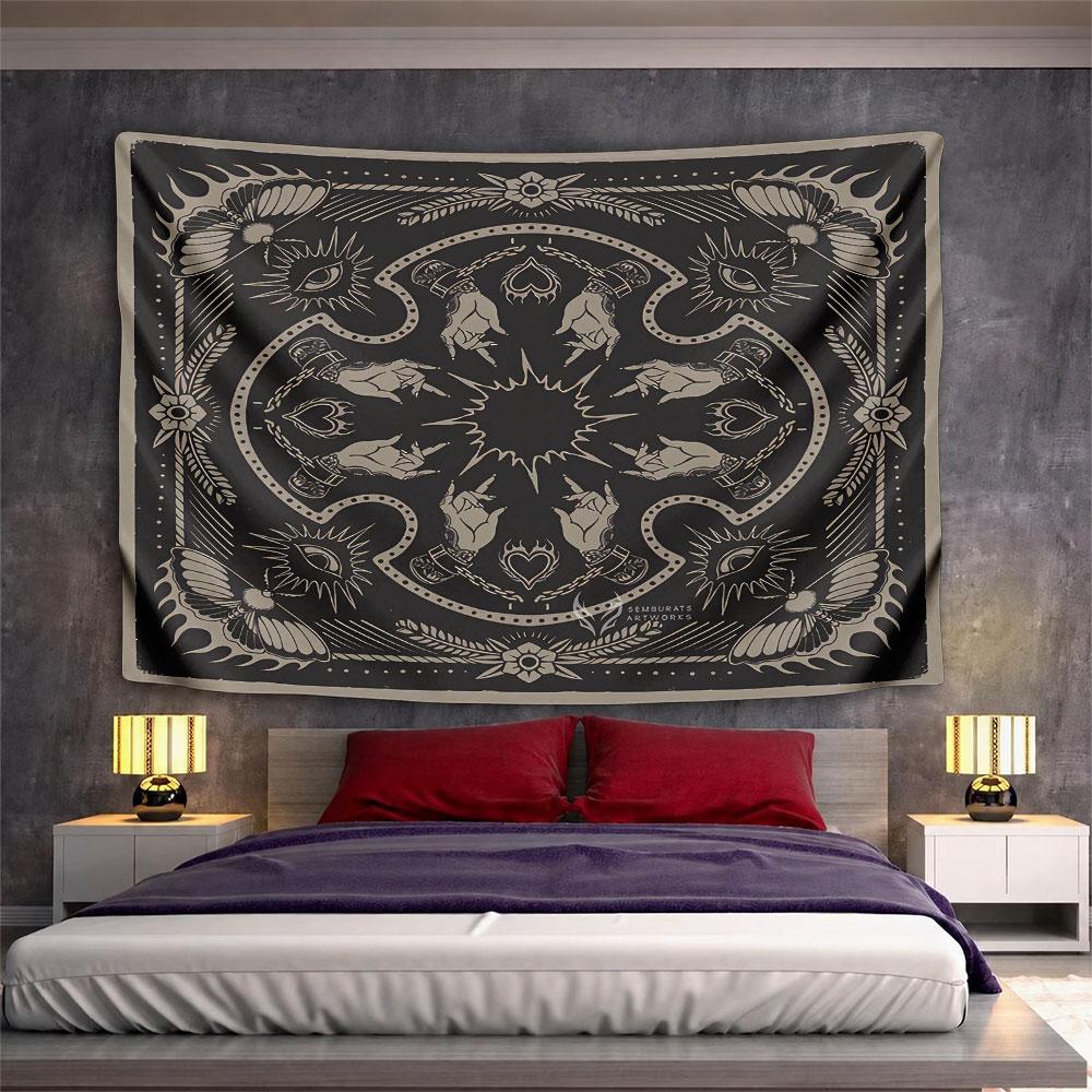 Vintage Tattoo Hands Star Tapestry Wall Hanging Dark Retro Motif Decor for Bedroom Man Cave Dorm Room Gift