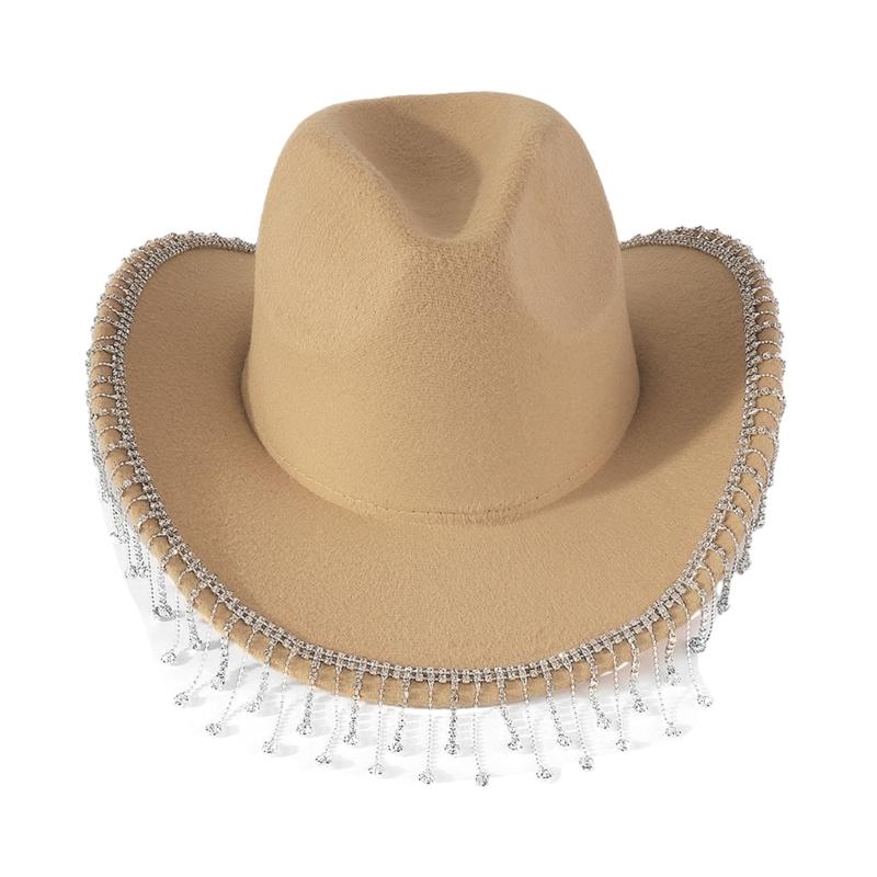 Trendy Cowboy Hat Denims Hat with Sparkling Rhinestones and Fringe Detail for Outdoor Activities Parties Halloween Hat