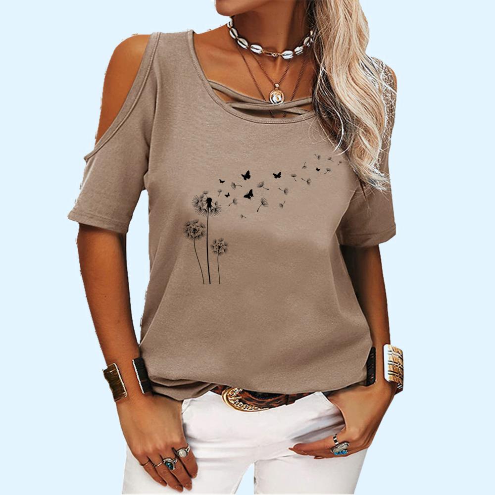 Women Fashion Round Neck Short Sleeve Top Ladies Summer Casual Off Shoulder Floral Printed T-shirt