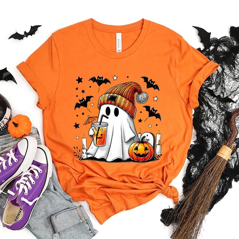Happy Halloween Модная женская футболка Летние повседневные топы Жуткие сезонные футболки Хэллоуин Тыквы Футболки с привидениями Подарки на Хэллоуин