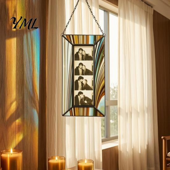 Holiday Commemorative Keepsake Acrylic Photo Frame Light Catcher, Retro Stained Glass Style Hanging Transparent Wall Art Display with Chain,