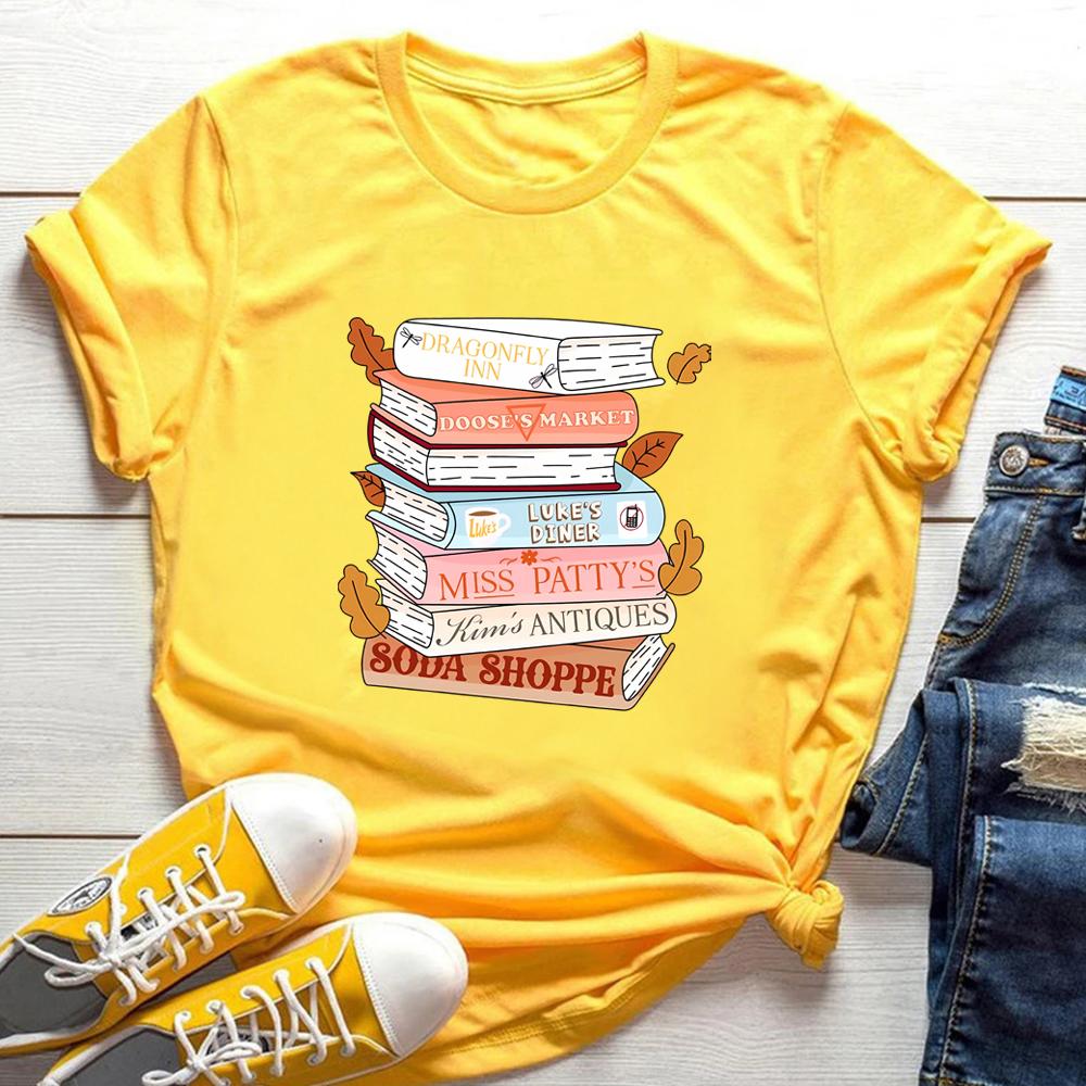 Fall Book Stack T-shirt Stars Hollow Girls Shirt Autumn Fall Season Shirts Tv Show Short Sleeves Top Bookish Gift