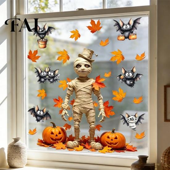 Retro Style Pumpkin Bat Wall Decor 2PCS Halloween Sticker, Werewolf/Witch/Clown Horror Pattern Print, Self-adhesive Indoor Murals Waterproof