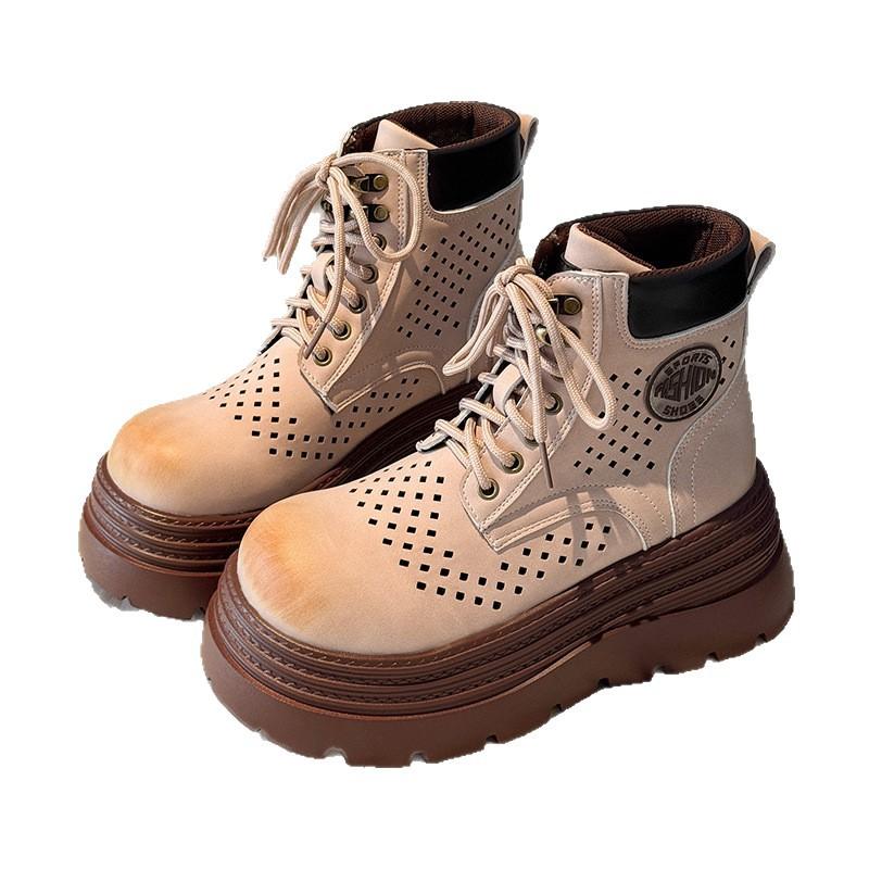 Женские ботинки на толстой подошве с полым голенищем, летние новинки 2025 года, увеличивающие рост ботинки Мартина, маленькие супер-огненные уличные западные короткие ботинки