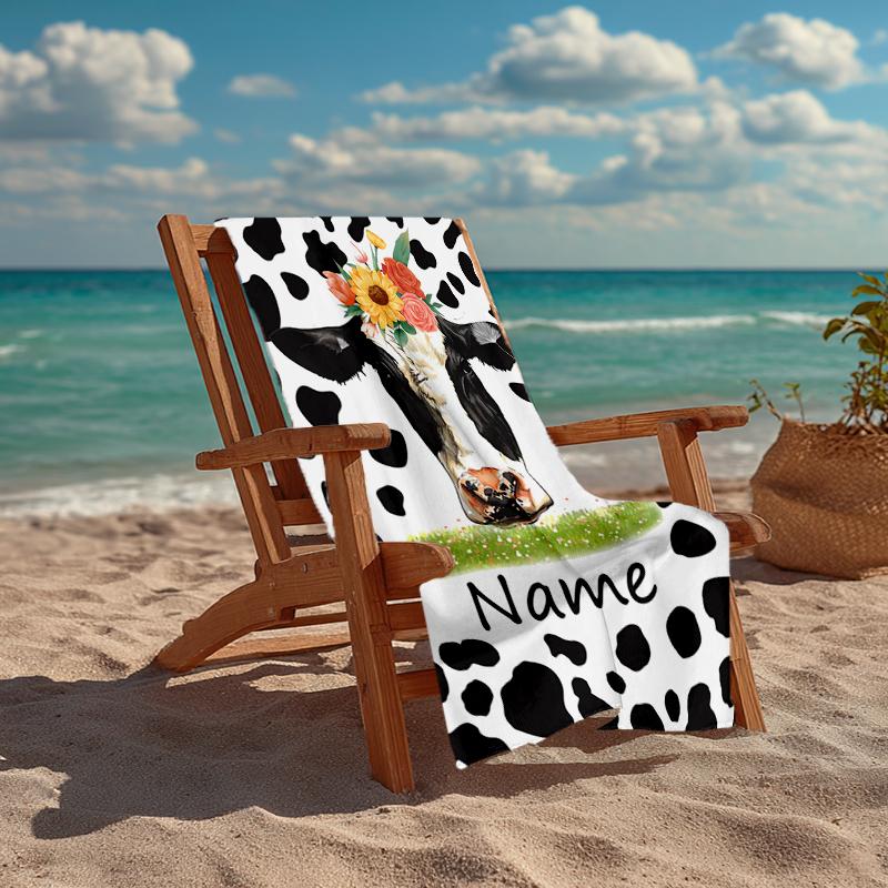 Custom Name Ultra-Soft Beach Towel with Cow Theme,Ideal for Pool - Camping, Diving - Perfect Travel Essential, Vibrant Beach Towel.