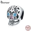 BAMOER стерлингового серебра 925 пробы Хэллоуин синий и розовый циркон узор черепа очаровательные бусины для женщин ювелирные изделия