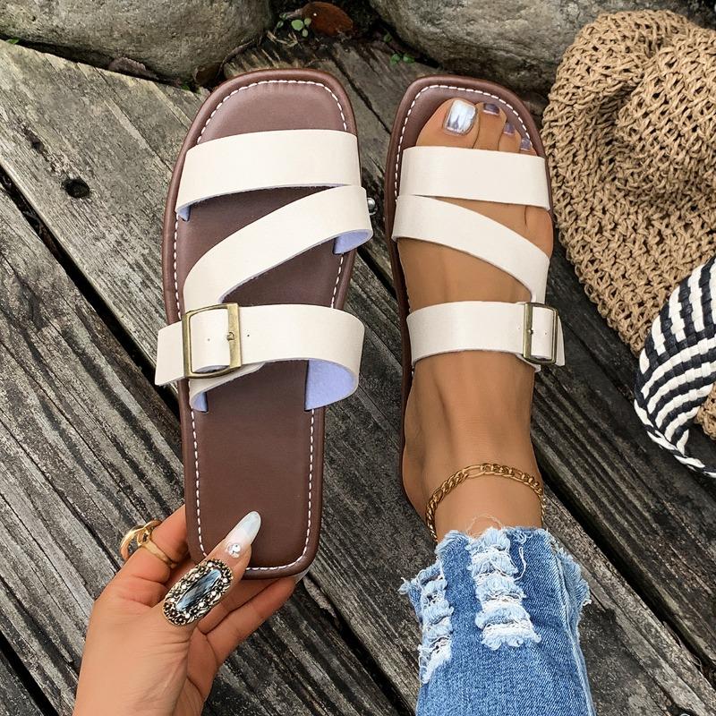 Large Size Buckle Flat Bottom One-word Shoes Women's Open-toed Retro Wind Beach Cool Slippers