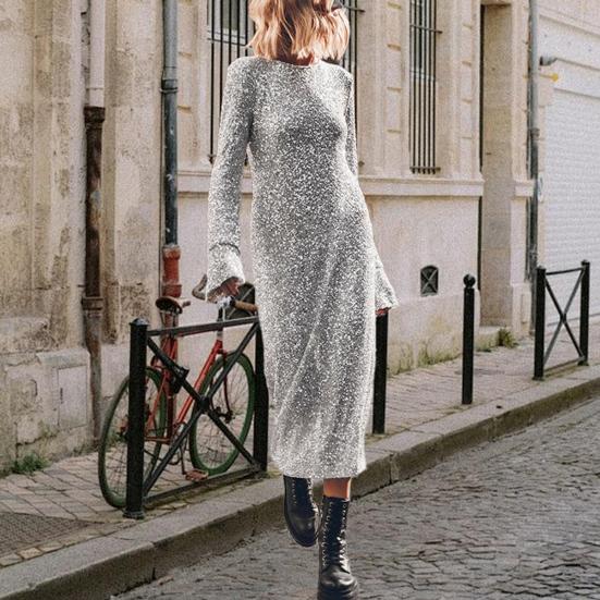 Женское весеннее платье с блестками и круглым вырезом, с длинным рукавом, свободное платье миди с открытой спиной, женское осеннее платье для выпускного вечера, вечеринки, свидания