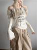 Spring Shoulder Retro Patchwork Letter Printed Long Sleeved Top For Women