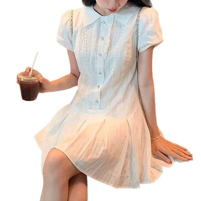 College style bubble sleeve shirt dress women's summer new temperament waist small sweet short skirt