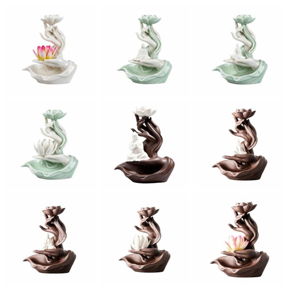 Ceramic Backflow Incense Burner Lotus Flower Zen Incense Stick Holder Hand Shape Ash Catcher Incense Burner Fountain